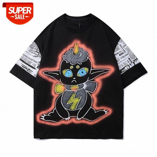 

european and american high street fashion brand color matching printed t-shirt oversize hipster cartoon short-sleeved tee male #e38i, White;black