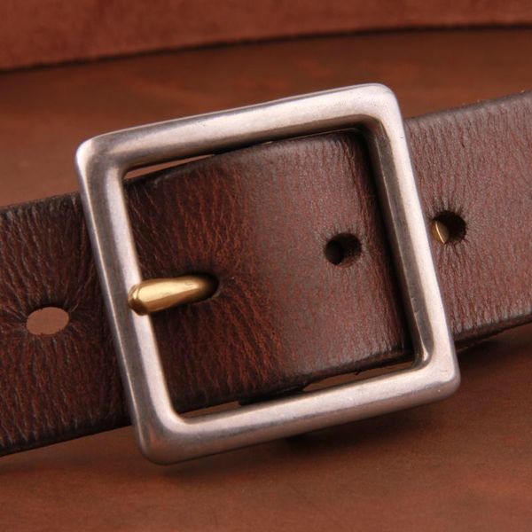 

belts luxury retro classic steel square buckle with brass pin cowhide full grain leather jeans denim men's belt, Black;brown