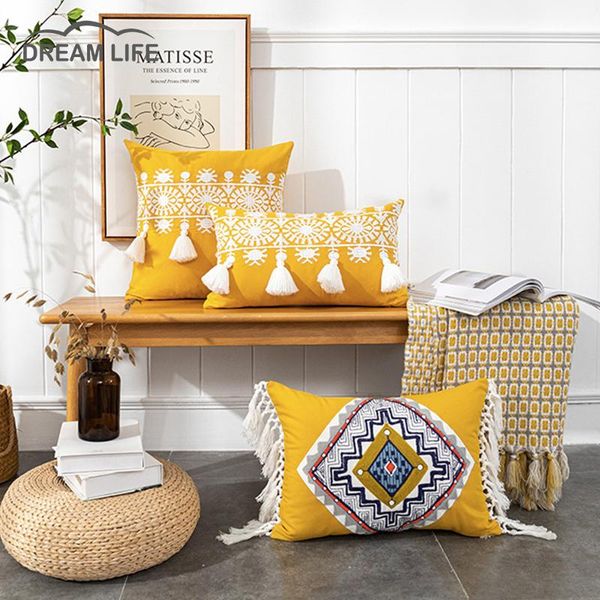 

pillow case mustard yellow cushion cover 45x45/30x50cm boho style pillowcases embroidered cotton for living room sofa chair bed