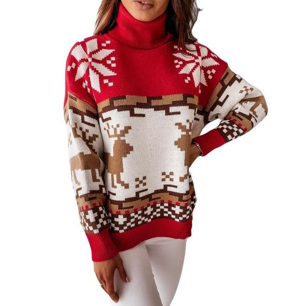 

women's sweaters imcute winter women christmas turtleneck long sleeve elk snowflake pattern pullovers ladies loose knit streetwear, White;black