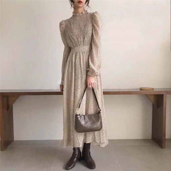 

palace style retro chic women dresses office elegant print a line floral gentle full sleeved waist controlled long, Black;gray