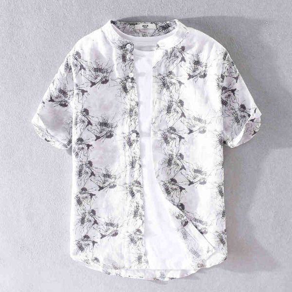 

men's t-shirts 100% linen italy brand shirt fashion stand collar for men casual short sleeve breathable shirts male overhemd chemise xx, White;black