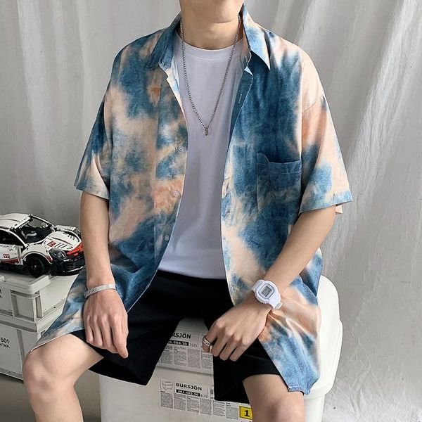 

men's casual shirts summer tie-dye shirt fashion print retro men streetwear korean loose hip-hop short-sleeved mens -5xl, White;black