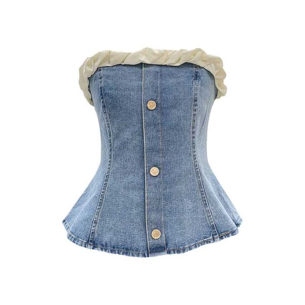 

women's tanks & camis summer 2021 retro sweet cloud side shoulder a sense of niche design slim slimming tube halter lace-up denim women, White