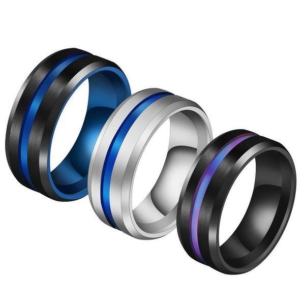 

wedding rings 8mm black blue silver stainless steel ring stripes groove rainbow for men male charm midi jewelry size 6-12, Slivery;golden