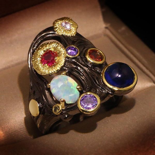 

cluster rings cizeva modern creative jewelry vintage natural opal colorful zircon black gold women's engagement cocktail party, Golden;silver