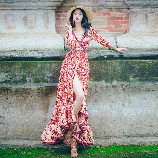 

casual dresses floral print bohemian beach women long chiffon 3/4 sleeve split boho style maxi sundress party vestidos w191, Black;gray