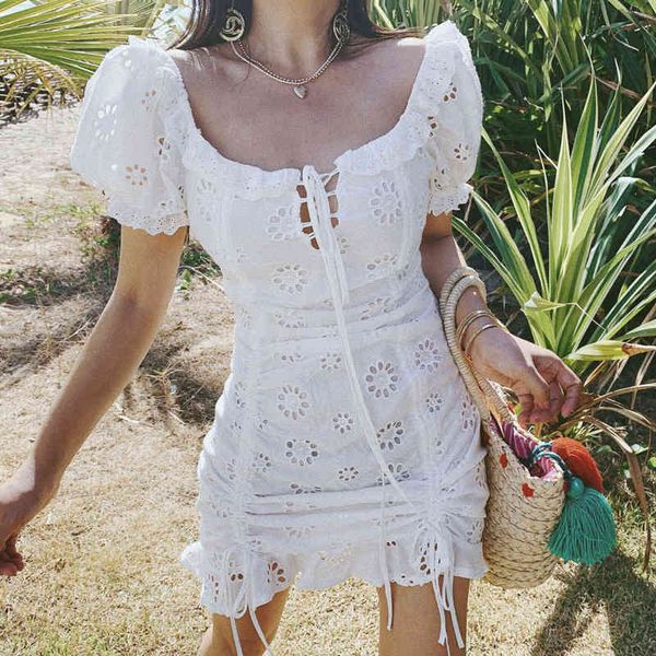 

inspired lace-up front white summer dress new ruffled trim dress for women cotton mini hollow out ladies dress 210412, Black;gray