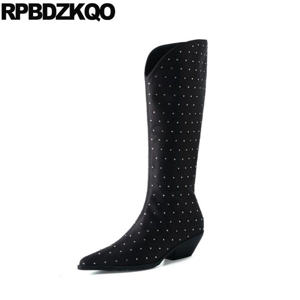 

boots women knee high black satin western cowboy heel cowgirl rhinestone sparkly diamond handmade pointed toe shoes chunky bling
