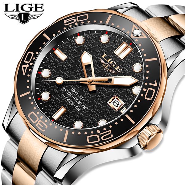 

2021 sport wristwatch for man lige brand stainless steel waterproof clocks men watch military quartz wristwatch montre hommeg, Slivery;brown