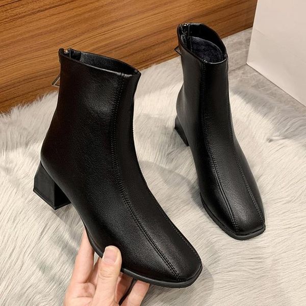 

boots women's ankle casual thick-heeled shoes high-heeled autumn and winter fur short 2021, Black