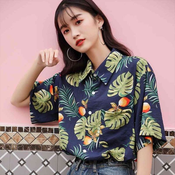 

hawaiian short sleeve summer casual women shirt printed loose beach for couple, White