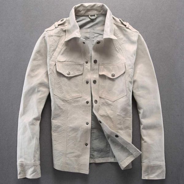 

men's leather & faux 2021 white jacket men soft sheepskin slim real shirt light green autumn skin shirts male fashion, Black