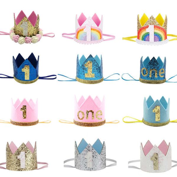 

1pcs 1 year old headband crown kids 1st birthday party hat baby shower boy girl first anniversary caps decor suppli