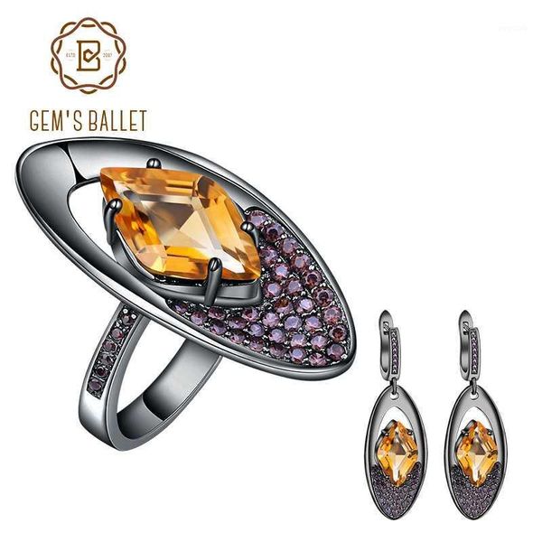

gem's ballet 925 sterling silver natural citrine ring earrings set geometric irregular vintage jewelry set for women party1, Black