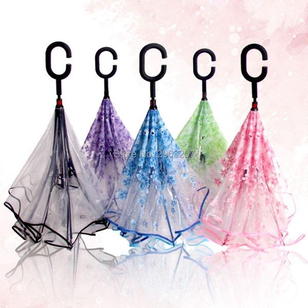 

umbrellas 10pcs reverse c type double umbrella transparent straight cherry blossom inverted rain car