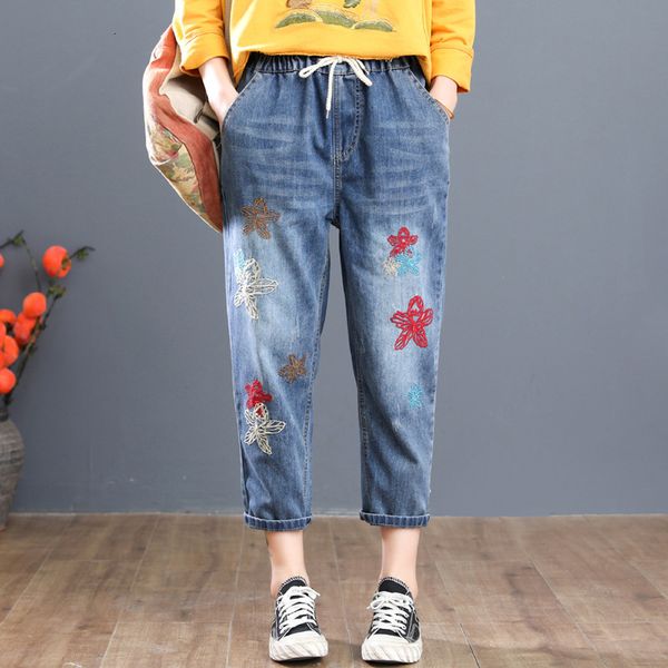 

women's jeans women elastic waist loose vintage floral embroidery denim harem pants casual pocket ripped jean plus size vss0, Blue