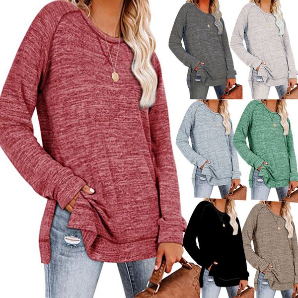 

autumn / winter 2021 solid color sweater cross round neck long sve split top, Black