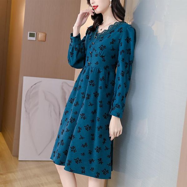 

casual dresses chiffon loose women fashion lace stitching v-neck autumn long sleeve dress a-line knee-length houthion, Black;gray