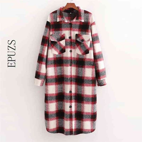 

winter vintage loose plaid woolen jacket women long coat casual thick oversize female over 210521, Black;brown