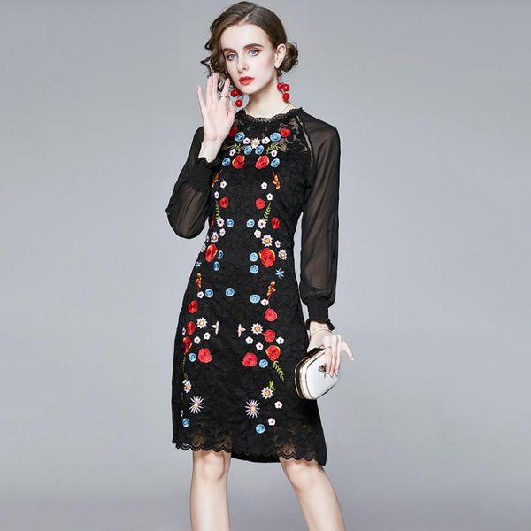 

floral embroidery black lace dress women long sleeve vintage lady office dresses european fashion casual, Black;gray