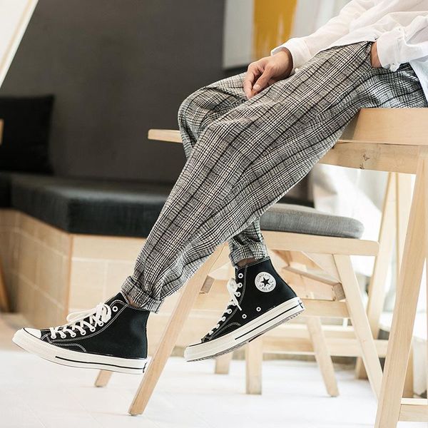 

men's pants autumn and winter thickened tweed plaid plus fat oversized straight youth radish harlan, Black