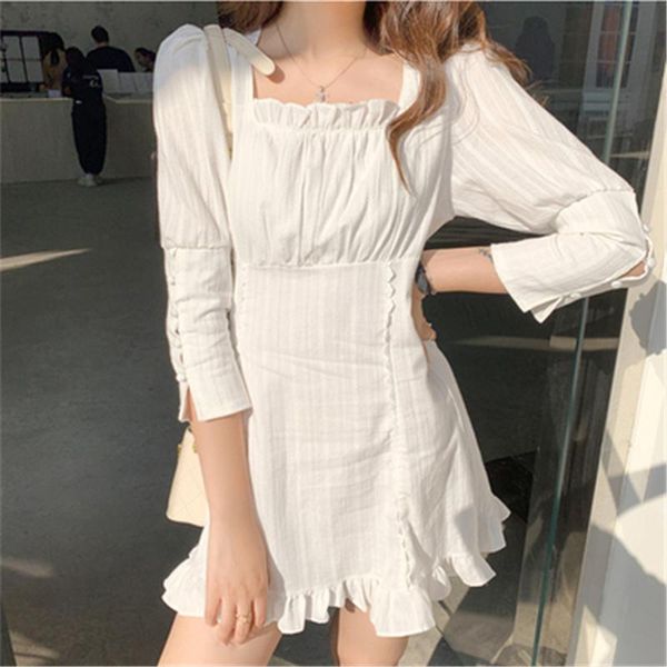 

elegant white fairy dress women sweet square collar three quarter sleeve mini girlfriend ruffle cotton s-xl casual dresses, Black;gray