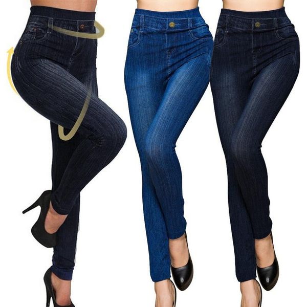 

women's leggings women high waist faux jean elastic seamless plus size skinny pencil pants female workout running trousers, Black