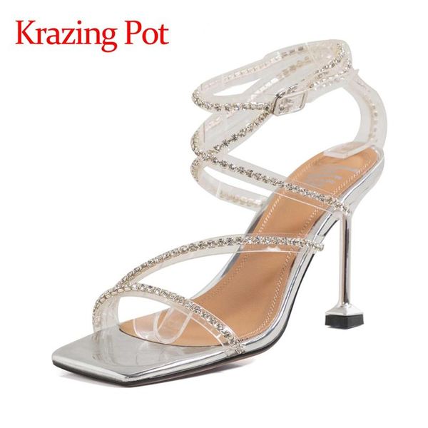 

krazing pot cow patent leather square toe high heel strange style diamond mules metal streetwear buckle straps women sandals l50 dress shoes, Black