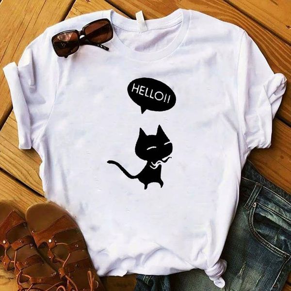 

cartoon hello cat print women short sleeve o neck ladies summer causal tee clothes, White