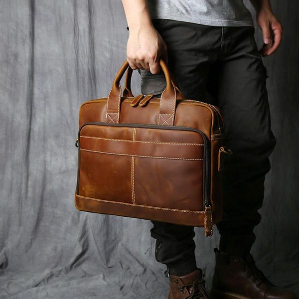 

briefcases men business briefcase crazy horse genuine leather shoulder portfolio lapbag fashion document cow office handbag