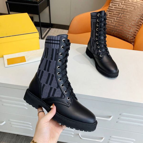

f letter knitting women's short boots leather designer fashion outdoor classic ankle boot flat breathable elastic socks shoes, Black