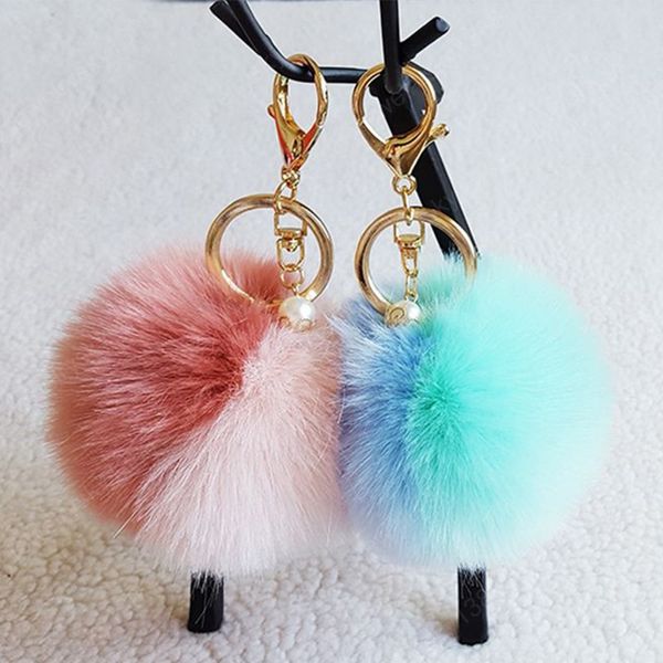 Simpatico mix di colori soffici portachiavi con palla di pelo di coniglio sintetico pompon portachiavi con decorazione di perle per borsa da donna zaino portachiavi per auto