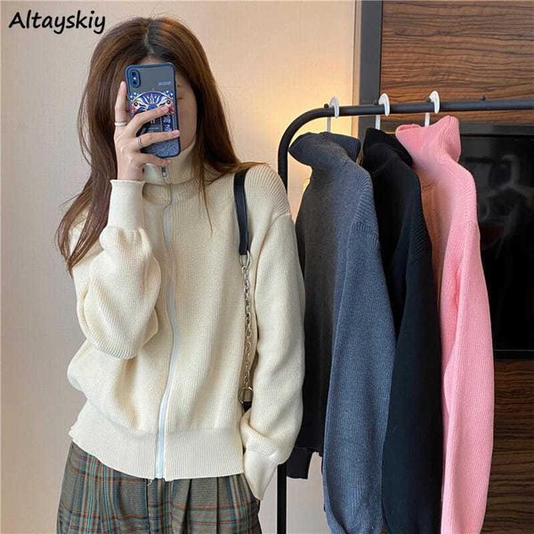 

women's knits & tees cardigans women knitted zipper turtleneck collar solid college style korean stylish streetwear casual chic autumn, White