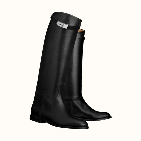

boots 2021 fall retro british style brown black solid color high heel metal buckle handmade mid tube