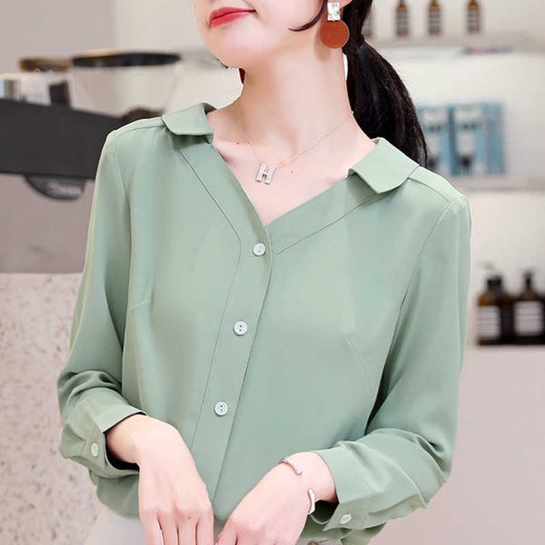 

long sleeve chiffon blouse women shirts blusas mujer de moda solid v-neck office ladies womens and blouses c393 210602, White