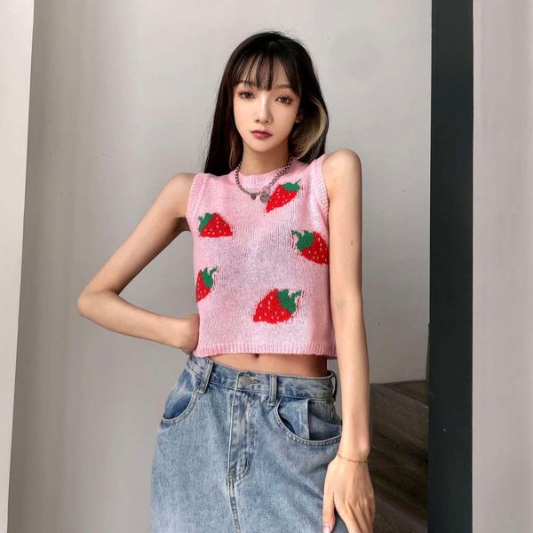 

women's sweaters sweater amy way sweetheart girl cartoon strawberry print knitted vest with sleeveless base and high waisted jacket ypo, White;black