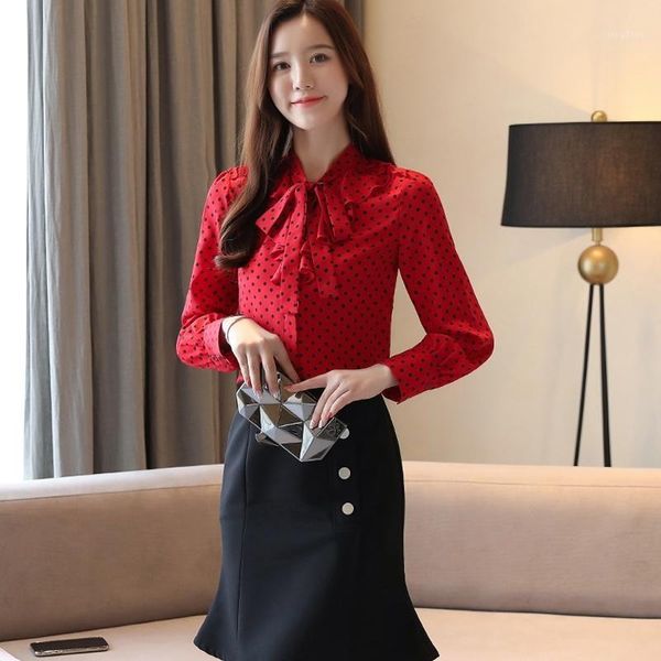 

women shirt bow long sleeve v-neck blouse polka dot print ruffle blouses plus size women's & shirts, White