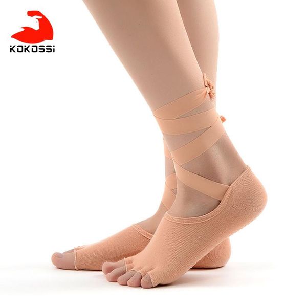 

kokossi 1 pair yoga socks ladies skin-friendly soft non-slip straps dance slippers floor exercise pilates fitness sports, Black