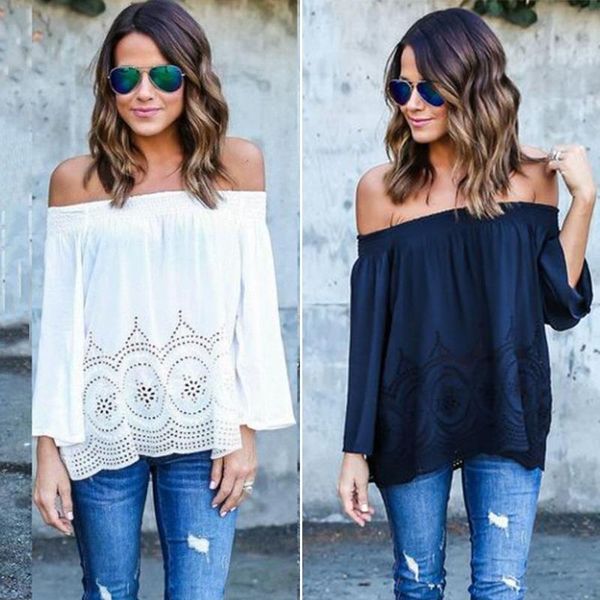 

boho women's off the shoulder strapless long sleeve blouse beach shirts blouses, White
