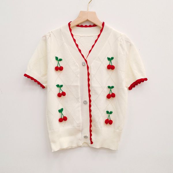 

sweater knit v-neck ted cardigan 202 summer college style aging hand hook strawberry wavy diamond v-neck, White;black