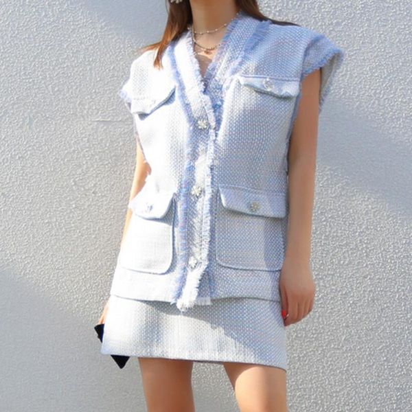 

women's tracksuits female elegant skirt suit 2021 fashion tweed two piece set women crop + outfits, Gray