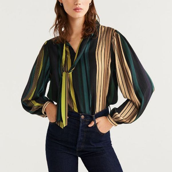 

za blouse shirt women color stripes bow tie full sleeve basic style casual ladies female woman clothes 210420, White