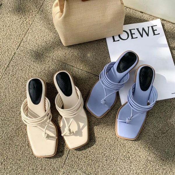 

flip flop slipper women's semi-high heeled summer split toe narrow combination chunky heel flip-flops french sandals fashion, Black