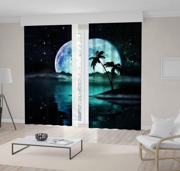 

curtain & drapes super moon starry sky over the sea palm trees island nostalgic dreamland surrealistic artwork blue green white