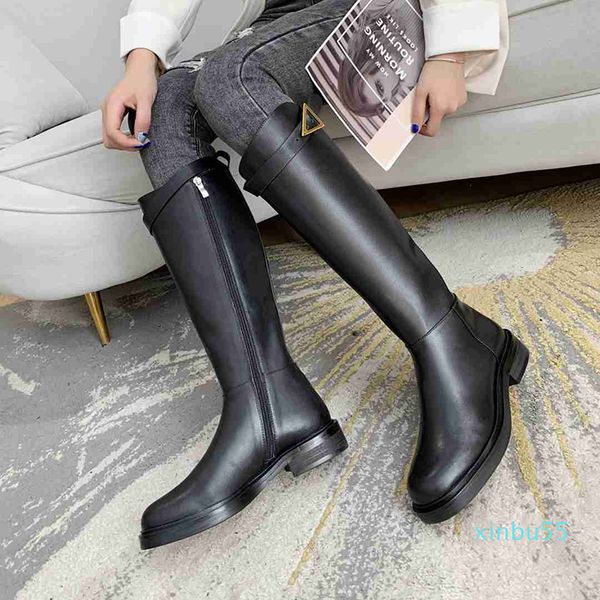 

cowhide knee boots black real leather flat heels triangle belt buckle long boot women winter shoes
