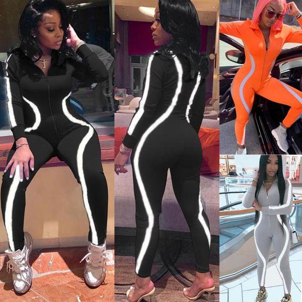 

gym clothing 2021 autumn women reflective striped jumpsuit long sleeve v-neck zipper bodycon romper skinny ladies pants, White;black