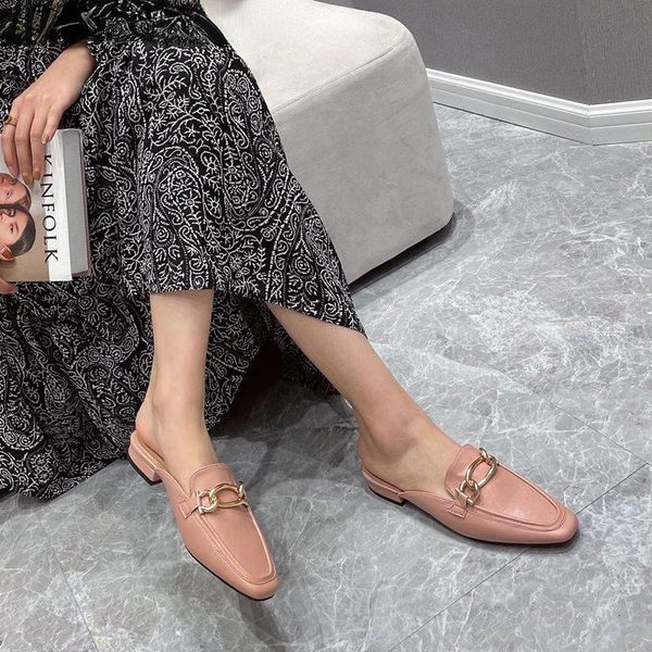 

slippers slip on casual loafers brand slides flip flops zapatos de mujer women flat fashion metal chain close toe mule shoes, Black