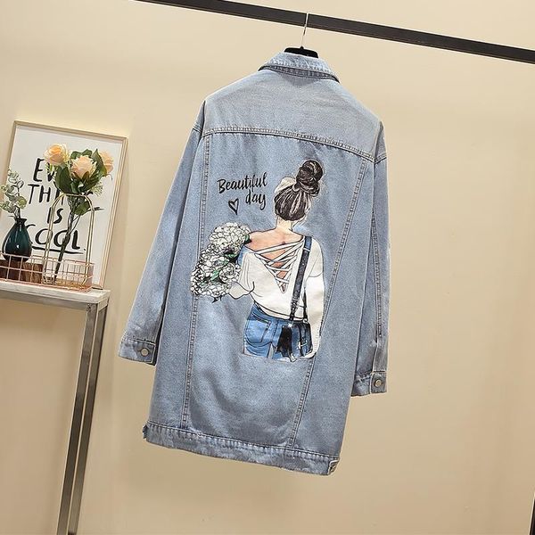 

women's jackets fat sister cartoon printed long jean windshirt coat, Black;brown