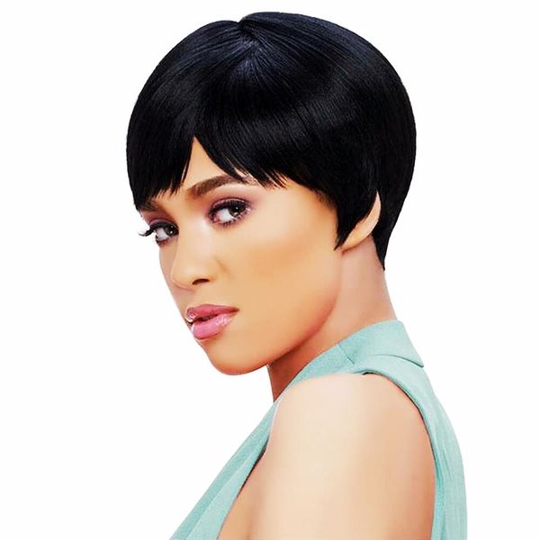 

machine made glueless wigs short human hair wigs pixie cut straight remy brazilian hairnone lace front wig for black women, Black;brown